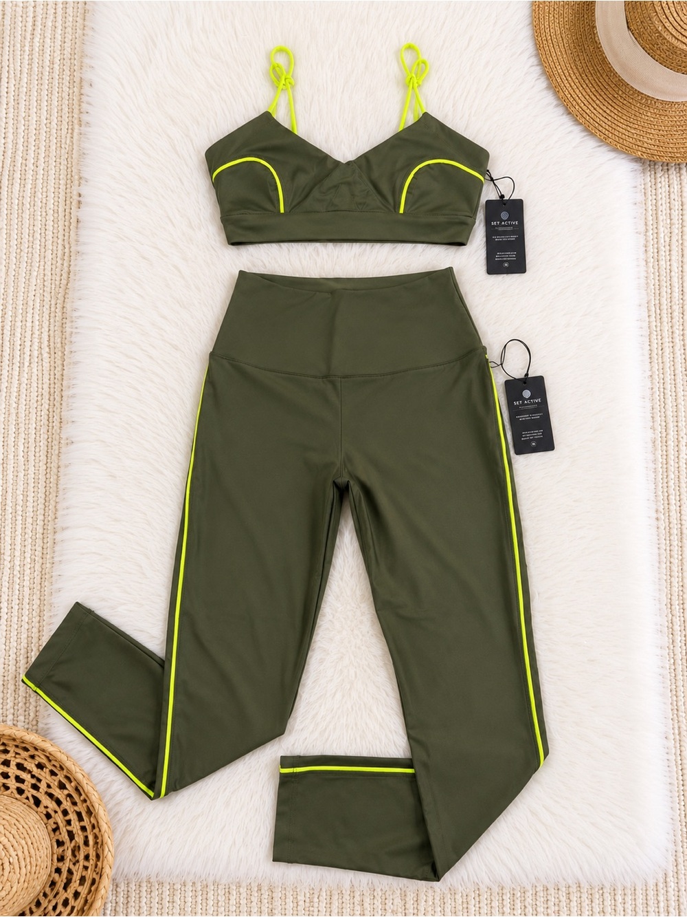 Lanston Sport Hypnotic Piped Set Olive Green Neon Trim Medium NWT